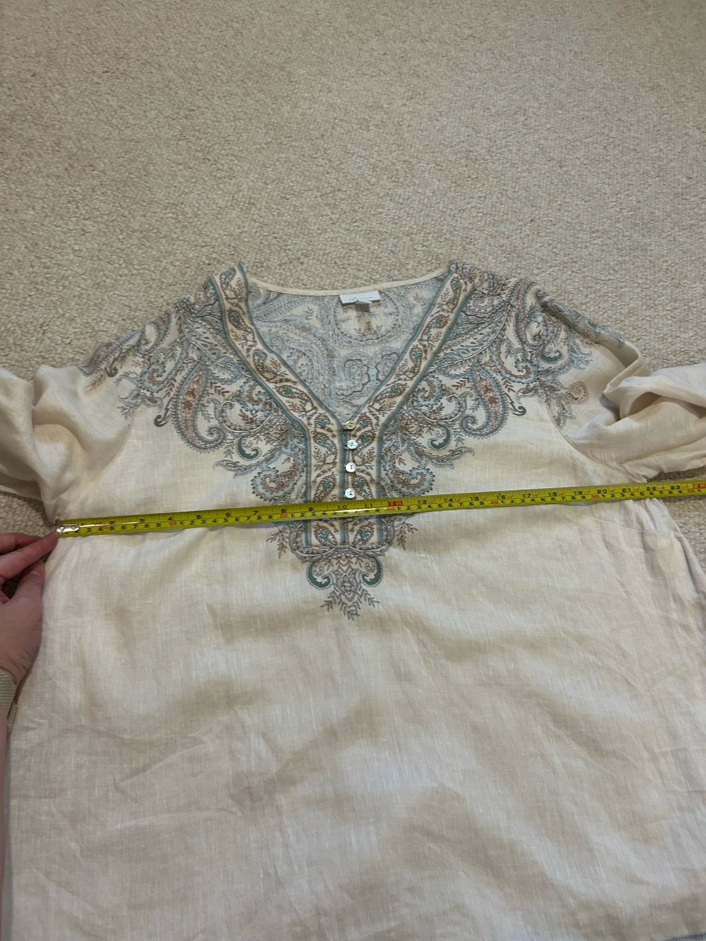J. Jill Love Linen paisley buttoned V-neck Size XL Cream tunic 3/4 sleeve - Picture 12 of 13